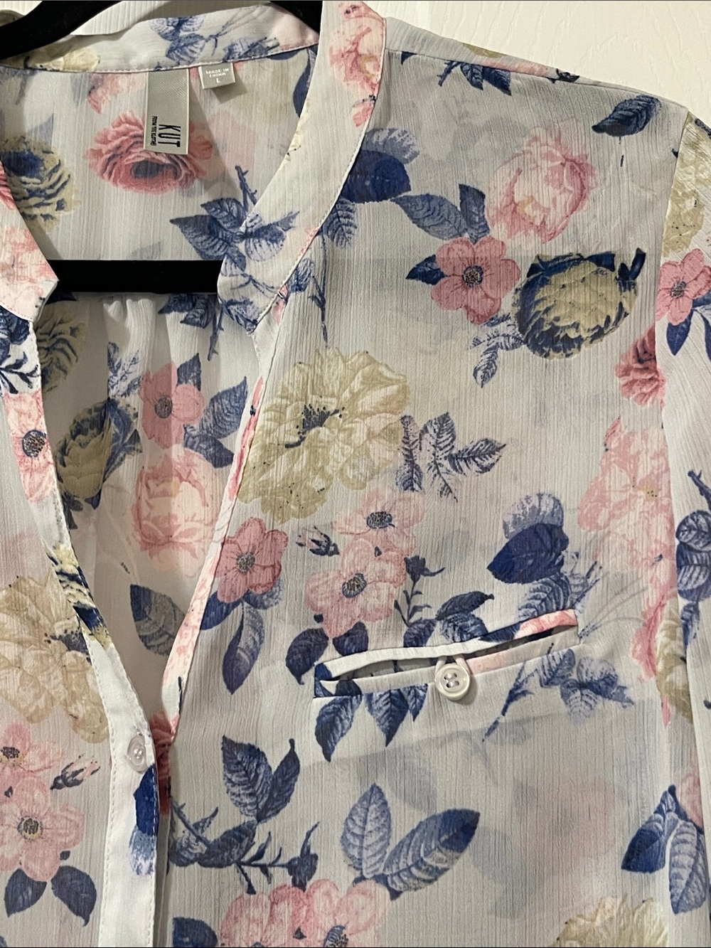 Sheer Floral Button-Up Blouse - White with Pink & Blue Floral Print - Picture 3 of 7